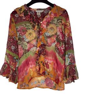 Coldwater Creek‎ Womens Floral Silk Button Ruffled Blouse Size Small Office
